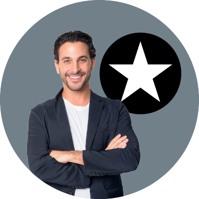 A man poses against a dark gray color field with a star icon representing the Standard Tier Plan